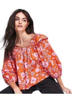 Free People Orange Floral Off-Shoulder Blouse with Pink Blooms